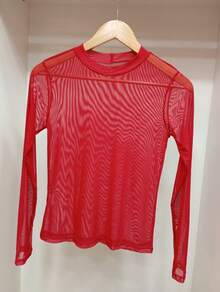 Long-Sleeved Tulle Blouse In Pastel Candy Colors, Spring Color Block. - Rojo - Ver 4