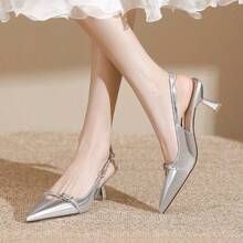 Sandalias de tacón alto con punta abierta y una sola hebilla para mujer, a la última moda, zapatos de tacón alto elegantes de inspiración francesa para mujer. - Plateado - Ver 1