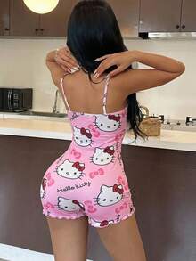 SANRIO 1pc Women's Cute Printed Camisole Jumpsuit, Lace Trim Minimalist Jumpsuit, Comfortable Home Wear For Spring/Summer/Autumn - Pink - View 3