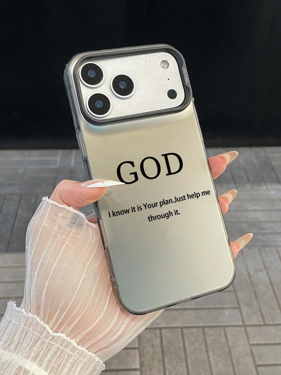 1pc "GOD" Christian Slogan New PC Hard Bottom Transparent Soft Edge High-End Full Coverage Hard Phone Case With Camera Lens Protection Design, Inspirational "Just Help Me Through It" Printed Phone Case, Compatible With IPhone & Galaxy Phones, Fits 11, 17 Pro Max, 15, Galaxy - Black - View 1