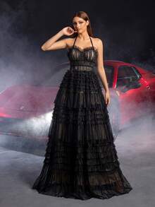 Elegant Spaghetti Strap Wedding Dress, Backless Design, Multi-Layer Ruffle Tulle Skirt - An Elegant And Mysterious Gown, Ideal For Beach Weddings, Villa Receptions, Luxury Banquets, And Intimate Evening Ceremonies. - Black - View 1