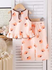 2pcs Baby Girls' Vacation Floral Print Sleeveless Top + Casual Bow Tie Pants Set, Summer - Coral Orange - View 2