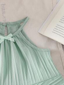 Baby Girls' Solid Color Spaghetti Strap Bowknot Ruffle Hem Top And Straight Leg Pants 2 Piece Outfit, Suitable For Daily Outings In Spring/Summer - Green - View 6