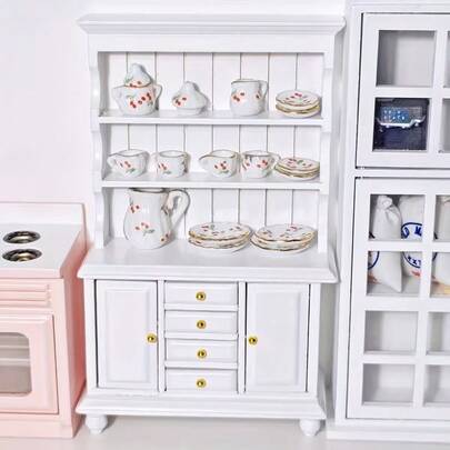 1:12 木制厨房橱柜，带双门和搁板，适合DIY和展示，迷你家具展示，玩具屋家具，模型装饰，娃娃屋，适合作为圣诞礼物（多种颜色和款式可选）