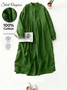 女士春秋季亚麻绿色七分袖睡袍，艺术复古风宽松休闲长款睡袍 - 淺綠色 - 查看 9