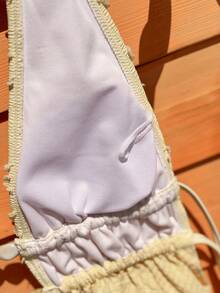 Set bikini la modă pentru femei, cu decolteu adânc în V, cu halter, design cu nod la spate, costum de baie texturat, accentuează silueta atrăgătoare pentru vacanță la plajă - Galben - Vizualizare 8