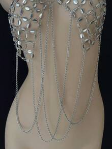 DEKUNER Women's Rhinestone Chain Bra Top - Sparkly Beads Chest Chain Jewelry For Bold New Year Parties, Club Nights & Masquerade Balls - Silver - View 6