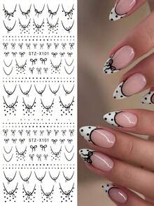 2pcs Black Lace Bow Nail Stickers, Butterfly Dot Nail Art Decals, DIY Nail Decorations For Spring/Summer - Black - View 6