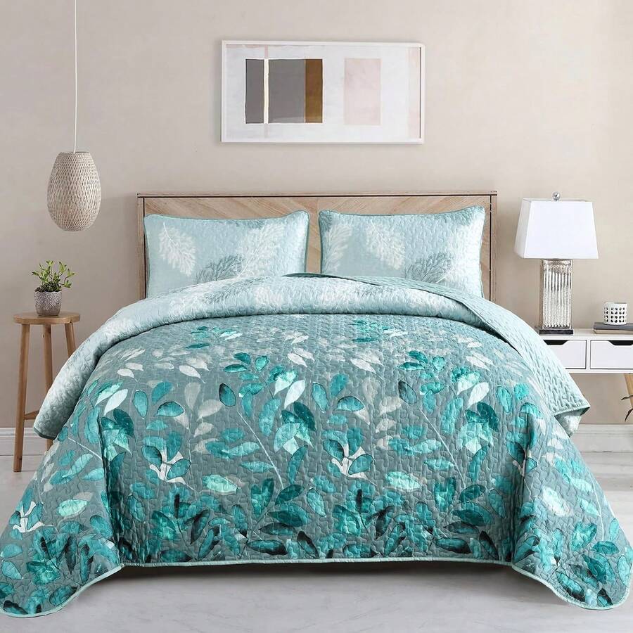 3 Pieces Soft Green Leaf Coverlet Bedspread Set For Bedroom Queen King Size Quilted Floral Patchwork Bedding Set With 2 Pillowcases Christmas Gift Bedroom Decor Festival Gift,Machine Washable