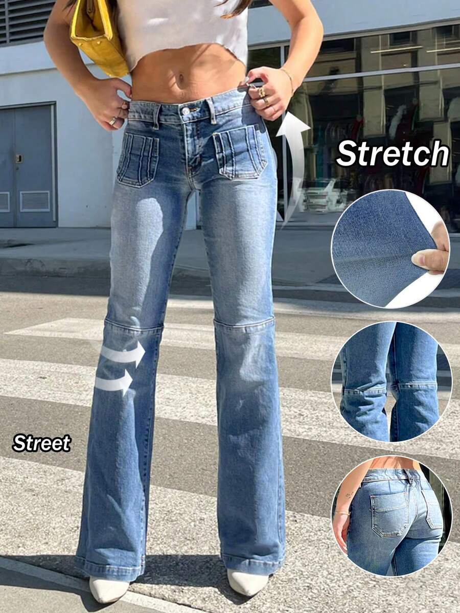 Women's Street Fashion Low Waist Flared Leg Jeans - Medium Wash - View 1