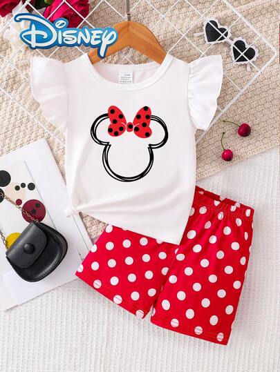 Disney Minnie 2pcs Summer Baby Girls Shorts Set, Cute Colorblock Polka Dot Bow Minnie Print Ruffle Sleeve Top And Elastic Waist Dot Print Shorts, Children Casual Comfortable Soft Cotton Outfit, Fashionable Elegant Sweet Gift