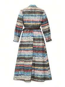 女士休闲复古格子衬衫优雅长裙，收腰设计，开衩下摆，翻领，实用风格，春季长裙 - 彩色 - 查看 3