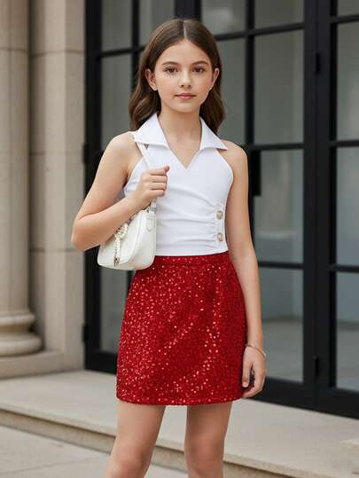 Summer New Fashionable & Elegant Girls Halter Neck Camisole And Sequin Decorated Mini Skirt 2 Pieces Set