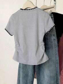 2026 Summer TopsResyla Women's Casual Door T-Shirt, Summer New Design, Blue Tones, Cute Elephant & Heart Print, Versatile For Dates, Back To School, Teacher's DayLoose And Comfortablesummer Shirts - 灰色 - 查看 2