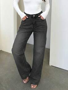 Plus Size Women Casual High Waist Straight Leg Washed Denim Jeans, Versatile For Daily Commute Spring - Màu xám đen - Xem 5