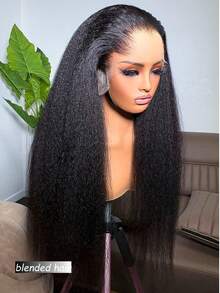 Kinky Straight 13x4 Lace Front Wigs Human Blended Hair Glueless Lace Frontal Wig Natural Hairline 180%Density HD Lace Closure Wig 8-36inch Natural Black - Natural & Black - View 4