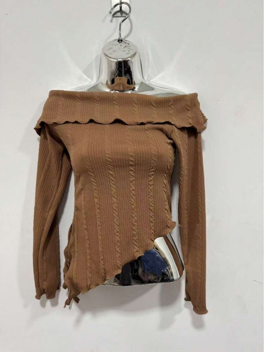 Women's Long Sleeve Off-Shoulder Blouse, One Size - 棕色 - 查看 1