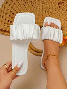 planare Zapatillas planas de moda para exteriores para mujer, sandalias deslizantes con punta abierta artificial liso fruncido - Blanco - Ver 2