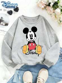 1pc Disney Mickey Mouse Fun Cartoon Mickey With Playful Posture Sweatshirt For Boys Lightweight Versatile Daily Leisure Outfit For Children's Daily Activities - Grey - View 1