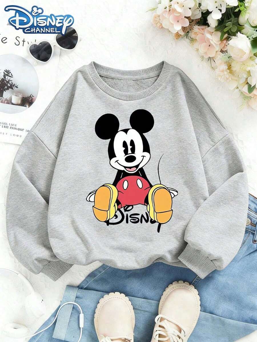 1pc Disney Mickey Mouse Fun Cartoon Mickey With Playful Posture Sweatshirt For Boys Lightweight Versatile Daily Leisure Outfit For Children's Daily Activities - Grey - View 1