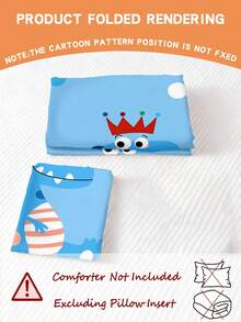 两件套蓝色恐龙图案床上用品，包括一件绿色恐龙印花被套（尺寸 90x200cm/135x200cm）和一件印花枕套（尺寸 50x75cm），采用 100% 涤纶面料，适合儿童和青少年，四季皆宜，拉链设计。 - 彩色 - 查看 8