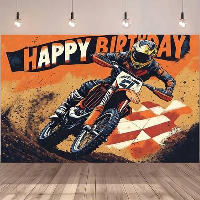 1 Birthday Party Backdrop - Motorcycle Party Background, Vivid Orange Graphics, Checkered Flag Design Wall, Perfect For Themed Events, Birthday Parties, Indoor And Outdoor Celebration Decorations, Live Streaming Backdrop, Photo Wall, Gifts, Essential For Event Planning