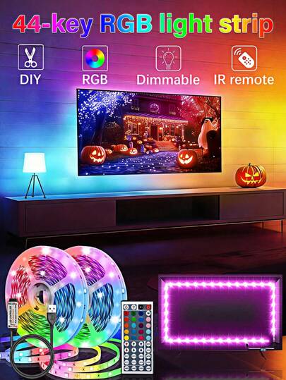 适用于家居装饰的LED灯带，可通过44键红外遥控器控制亮度及颜色变化。支持DIY模式。适用于电视背光、酒吧、客厅、万圣节派对、房间装饰、婚礼布置、卧室、起居室、家居装饰、派对照明及圣诞礼物。
