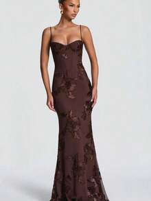 Women's High-End Banquet Flower Decor Evening Dress, Elegant Spaghetti Strap Dress, Slim Fit French Style Backless Solid Color Maxi Dress - 咖啡 - 查看 2