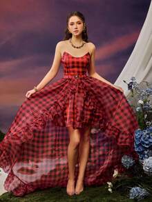 Faeriesty Women's Strapless Plaid Ruffle Asymmetric High-Low Hem Evening Gown & Mini Party Dress, Suitable For Balls, Holidays And Weddings - Red - View 8