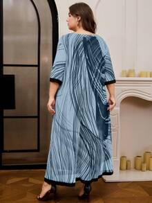 DEARCASE Vestido elegante de talla grande para mujer con estampado a rayas, ribete de contraste, cuello redondo, manga 3/4 y ajuste holgado - Celeste - Ver 2