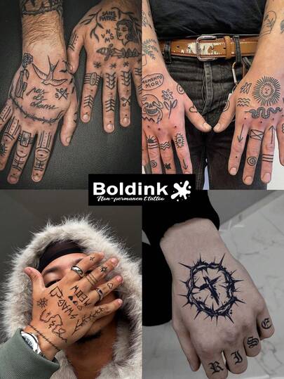  Boldink 4 stuks coole handtattoo-stickers met patroon, tijdelijke waterdichte body art tattoos, blijven 1-2 weken zitten, fruitsap tattoos, onmisbare feestdecoratie, geschikt voor zowel mannen als vrouwen, must-have voor trendsetters
