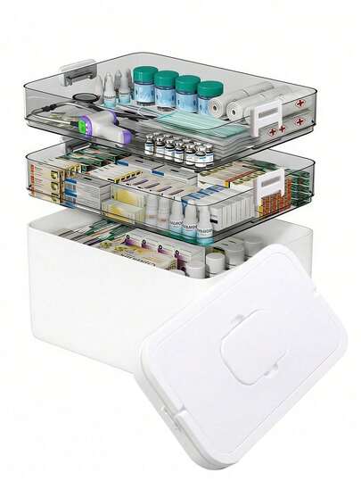 1/2/3/4/5layers Portable Large-Sized Plastic Medicine Storage Box With Flip Cover And Handle. Portable Compartmentalized Medicine Storage Box, Thickened, Large Capacity, Emergency Medicine Box, Suitable For Home, Office, And Travel Medicine Storage Of Unused Items.