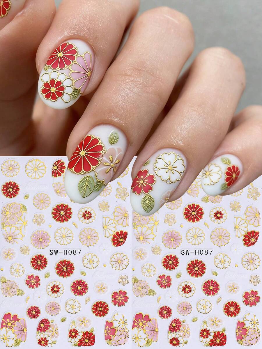 2片渐变樱花美甲贴纸，梅花菊花图案自粘美甲贴，春夏渐变白粉DIY花卉美甲装饰，日式美甲风格，女士适用 - 彩色 - 查看 1