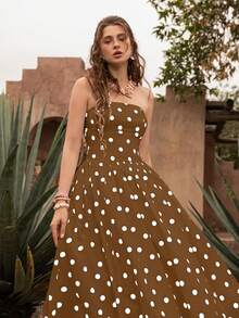 优雅复古波点无肩带泡泡裙摆中长连衣裙 - 适合婚礼宾客、派对、海滩、夏季度假、郊游和毕业典礼等场合 - 棕色 - 查看 7