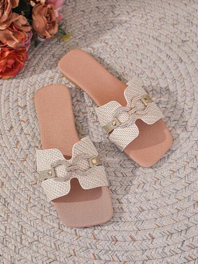Women's Plaid Glitter Casual Bohemian Slippers, Outdoor Fashion Fabric Rivet Studded Slip-On Sandals, Square Toe Ladies Casual Slippers, Suitable For Home, Beach, Party, Outdoor, All Seasons