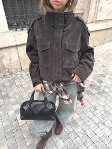 Women's Suede Jacket, Winter Coat, Long Sleeve Top, Button-Up Jacket, Zip-Up Bomber Jacket, Streetwear Top - Dark Grey - View 2