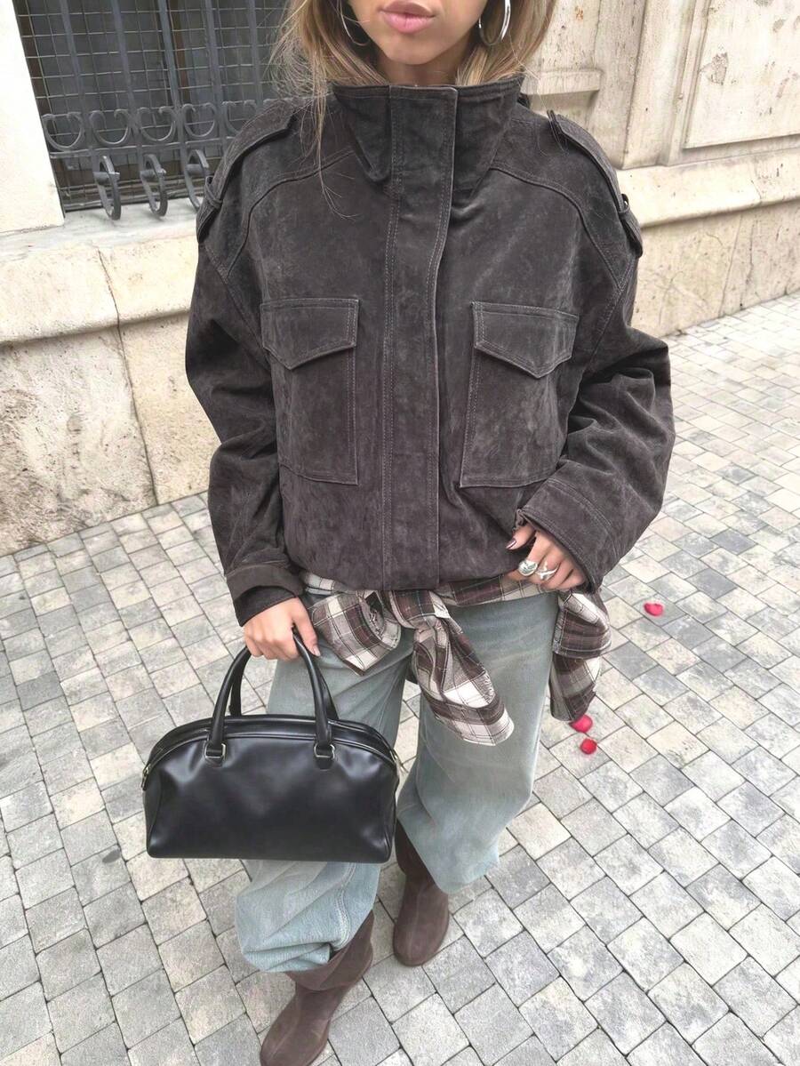 Women's Suede Jacket, Winter Coat, Long Sleeve Top, Button-Up Jacket, Zip-Up Bomber Jacket, Streetwear Top Spring - Dark Grey - View 1