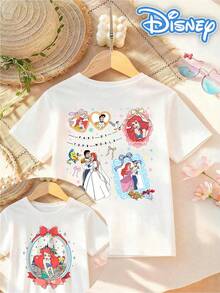 [Disney Authorized] Front: Ariel With Castle And Bow Elements Back: Ariel And Prince Eric With Flounder And Sebastian Elements And Text "PART OF YOUR WORLD" Double-Sided Print Pattern Girls' T-Shirt - Children's Clothing Design Short-Sleeve Casual Cute Style Comfortable And Relaxed Suitable For Boys And Girls, Perfect For Parties And Play Machine Washable Gift Children's Clothing Girls' Short-Sleeve Shirt - trắng - Xem 1
