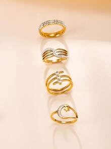 Set de 4 anillos de acero inoxidable con capas de lujo, con diamante de imitación y brillo de estrella, adecuado para uso diario o para fiestas de mujeres - anillo - Ver 3