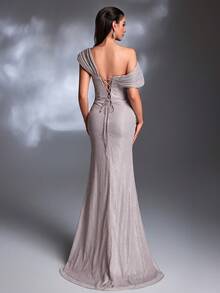 Silvergrå Spets Volang Off-Shoulder Hög Slits Knytbar Sjöjungfru Elegant Aftonklänning - Ljusgrå - Visa 2