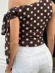 女士时尚棕色波点单肩上衣，侧系带无袖衬衫，复古修身款，2026春夏新款 - 棕色 - 查看 2