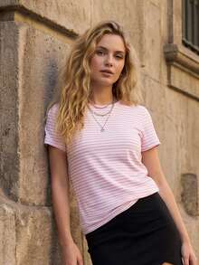 Camiseta para Mujer a Rayas, Cuello Redondo y Manga Corta, para Estilo Callejero Casual de Verano - Rosa - Ver 5