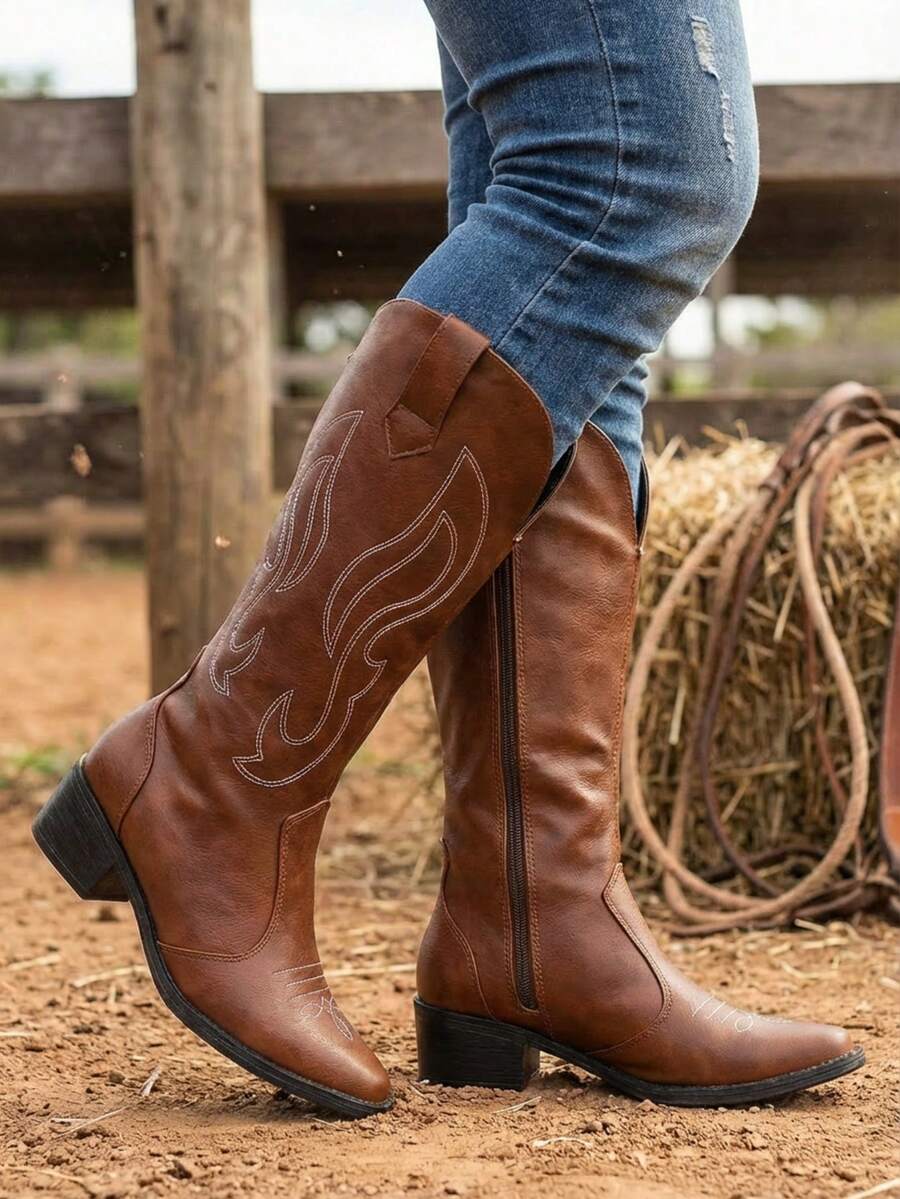 Women's Western-Style Long Boot With Embroidery, Country Style, Rodeo Style, Comfortable - 駝色 - 查看 1