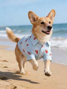 条纹龙虾印花猫咪衬衫，轻盈透气的春夏狗狗服装 - 淺藍色 - 查看 5