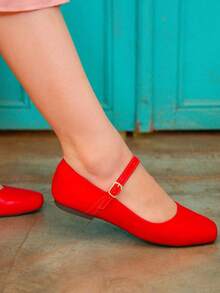 Women's Doll Shoes Square Toe Women's Shoes - 紅色 - 查看 1