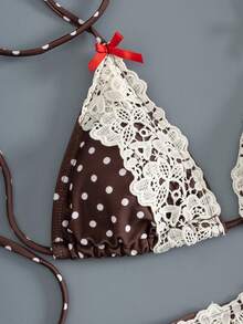 女士比基尼套装，两件式泳衣，白色波点印花，蕾丝拼接，红色蝴蝶结装饰，三角罩杯上衣和系带泳裤，可爱夏日海滩度假装 - 彩色 - 查看 10