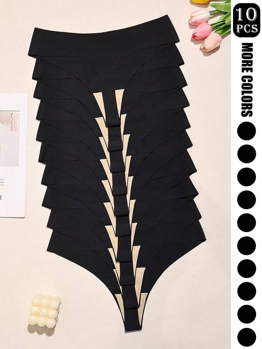 10 chiếc quần lót dây không đường may dành cho nữ, phối màu Maillard - Đồ lót pha nylon mềm mại và thoải mái, tông màu nâu và tím, cạp thấp, co giãn, không xuyên thấu, đồ lót thoải mái | Phong cách tối giản | Chất liệu pha nylon co giãn - màu đen - Xem 1