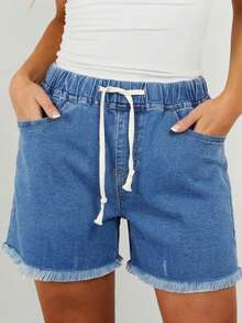 Solid Mid-Stretch Denim Bermuda Shorts, Frayed Hem Drawstring Elastic Waist Comfy Summer Beach Jean Shorts, Casual School & Daily Wear, Vacation Cowgirl Style, High Elasticity For All-Day Comfort - Blue - View 4
