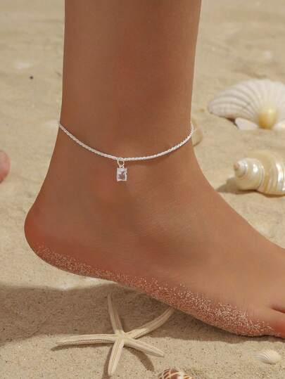 1pc Fashionable Minimalist Square Glass Pendant Copper Plated Silver Anklet, Suitable For Beach, Daily Wear, Birthday, Holiday, Vacation Gift