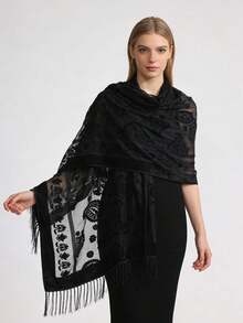 1pc Black Classic Elegant Velvet Fashion Versatile Unique Charming Long Tassel Shawl Scarf, Suitable For Evening Party - Black - View 12